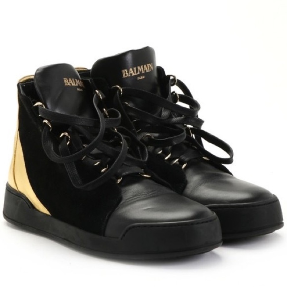 Balmain Black & Gold Lace Up High Top Sneakers 37 W 35 M Suede & Leather…